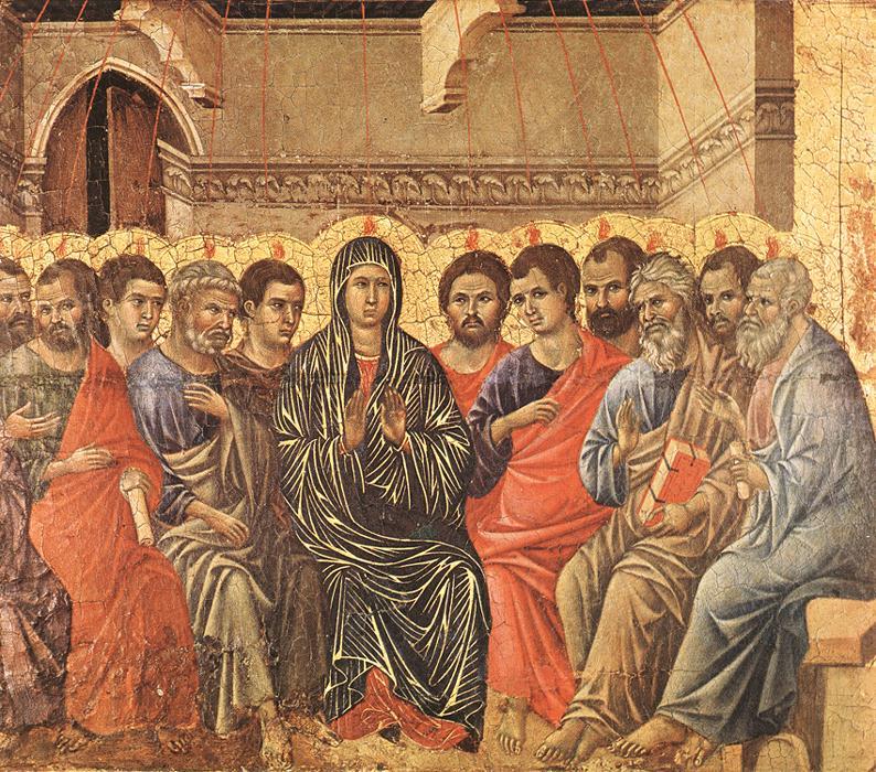 Mary, Mother of the Church, center among the apostles at Pentecost, portrayed by Duccio di Buoninsegna, 1308, Siena. Wikimedia Commons.