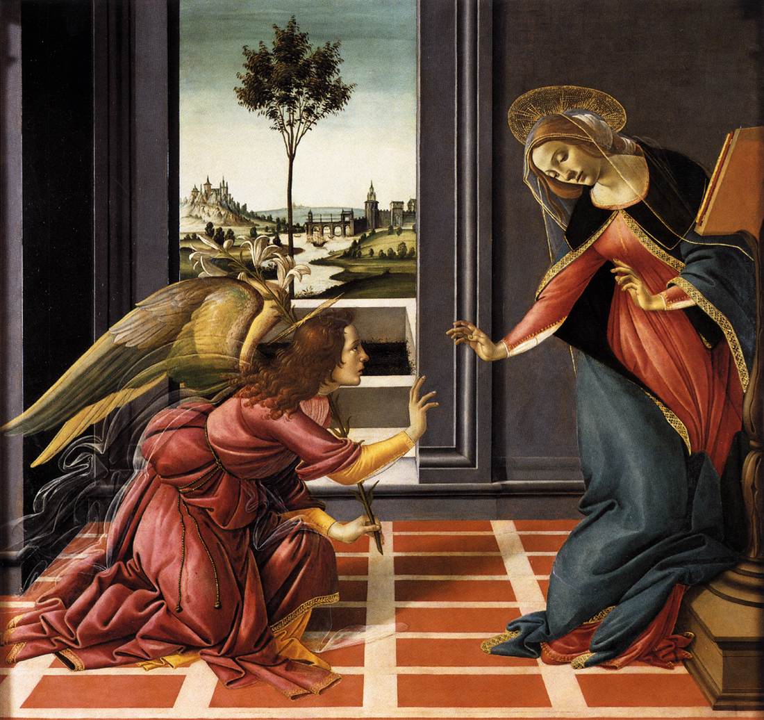 Sandro Botticelli paints the tradition of the Annunciation that emphasizes that Mary cross-examined the angel Gabriel to make sure she wasn’t being tricked. As always, she is in the midst of her studies when interrupted by the angel. The painting is now at the Uffizi in Florence, Italy.